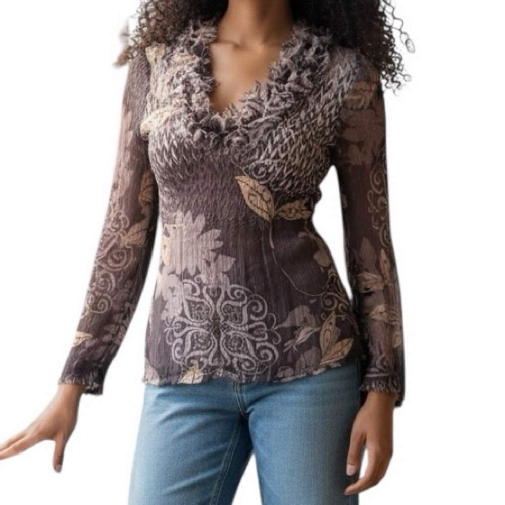 Komarov Taupe/Yellow/White Floral Crinkle V-neck Long Sleeve Blouse S